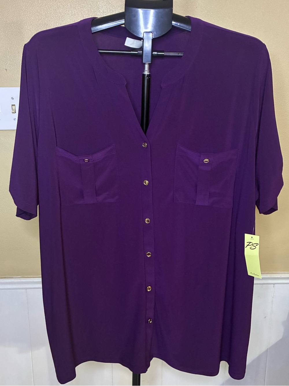 Perseption Deep Purple Button-Front Short Sleeve Blouse